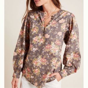 Anthropologie Floral Blouse in Gray and Pink